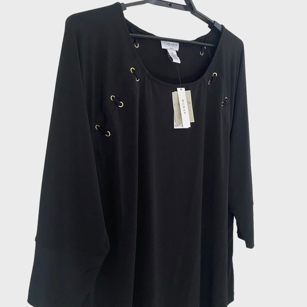 Carmen Marc Valvo Scoop-Neck 3/4 Sleeve Blouse Women's 2X Grommet Lace-Up New - Picture 4 of 11